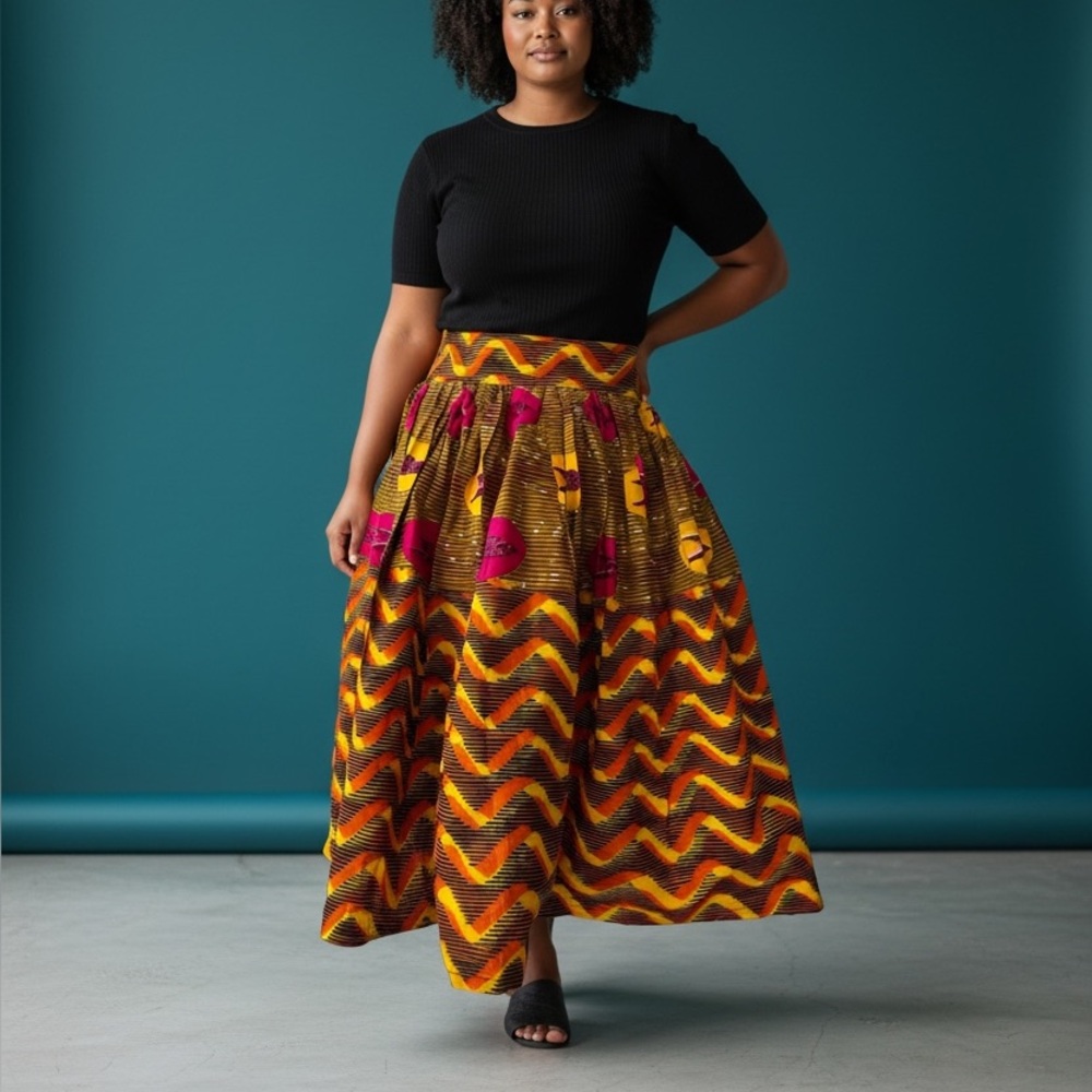 African Ankara Wax Print Sunrise Bird Midi Skirt M/L Cotton Tribal Boho NEW